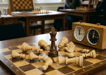 Chessboard with black king standing and white pieces fallen around, alongside a chess clock