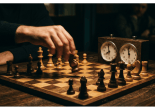 Hand moving a chess piece beside an analog chess clock