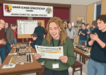 Smiling woman holds a first-place certificate at Schaakclub ESG Emmen chess competition.